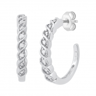 Ladies Round White Accents Diamond Infinity Swirl Ribbon Huggies Hoop Earrings | 925 Sterling Silver