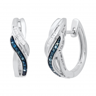 Ladies Round Blue & Baguette White Accent Diamond Ribbon Huggies Hoop Earrings | 925 Sterling Silver