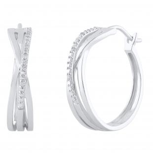 Ladies Round White Accents Diamond Infinity Crossover Huggies Hoops Earrings | 925 Sterling Silver