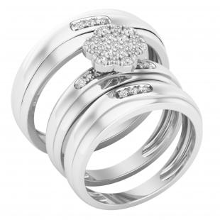 0.40 Carat (ctw) Round White Diamond Men & Women Flower Head Unisex Trio Rings Set for Couple 925 Sterling Silver
