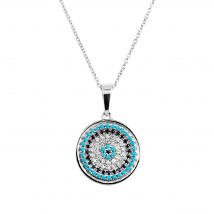 1 mm Dianty Round Blue Sapphire, Turquiose & White Diamonds Ladies Circle Pendant | 10K White Gold