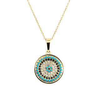 1 mm Dianty Round Blue Sapphire, Turquiose & White Diamonds Ladies Circle Pendant | 10K Yellow Gold
