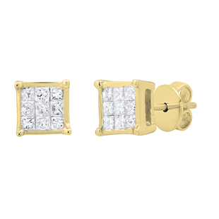 0.30 Carat (ctw) Princess White Diamond Ladies Square Framed Push Back Stud Earrings | 10K Yellow Gold