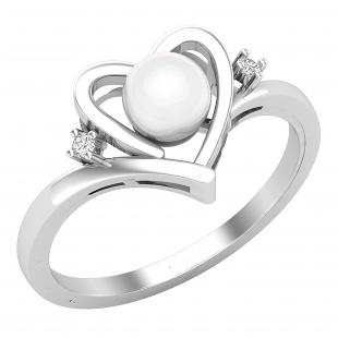 5.5 MM Round Freshwater Pearl & White Diamond Ladies Elegant Heart Promise Ring Sterling Silver