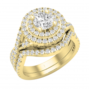 Round Cubic Zirconia Ladies Double Halo Split Shank Swirl Classic Wedding Ring Set 10K Yellow Gold