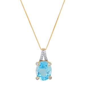11X9 mm Oval Blue Topaz & Round White Diamond Ladies Fancy Pendant with Gold Chain, 10K Yellow Gold
