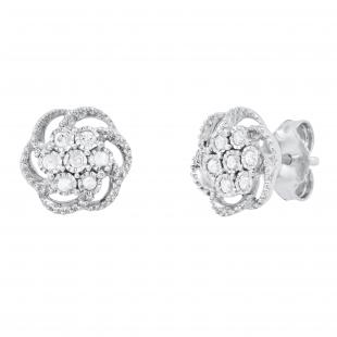 0.10 Carat (ctw) Round White Diamond Ladies Cluster Floral Stud Earrings 1/10 CT | Sterling Silver