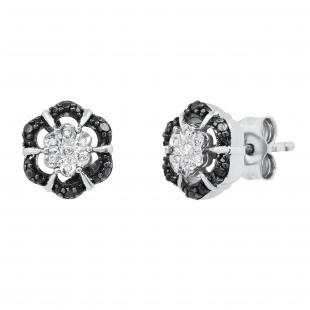 0.05 Carat (ctw) Round Black & White Diamond Ladies Cluster Floral Stud Earrings Sterling Silver