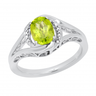 8x6 MM Oval Peridot & Round White Diamond Accents Split Shank Engagement Ring, 925 Sterling Silver