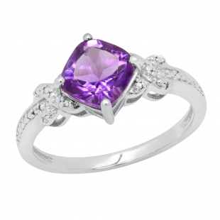 7 MM Cushion Amethyst & Round White Diamond Accents Crisscross Engagement Ring, 925 Sterling Silver