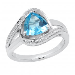 7.5 MM Trillion Blue Topaz & White Diamond Accents Split Shank Engagement Ring 925 Sterling Silver