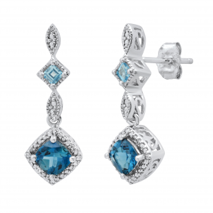 5 mm Cushion London Blue Topaz Ladies Drop Down Dangle Earrings with Diamond Accent Sterling Silver