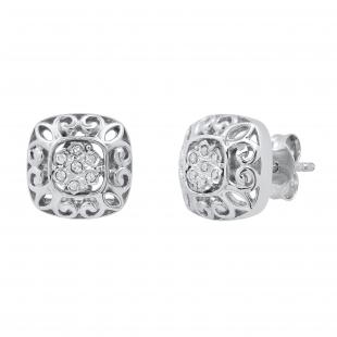 Ladies Cluster Flower Design Filigree Stud Earrings with Round Diamond Accents 925 Sterling Silver