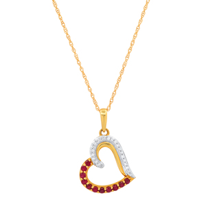 1.5 mm Round Ruby & White Diamond Ladies Heart Shape Love Pendant with Gold Chain 10K Yellow Gold