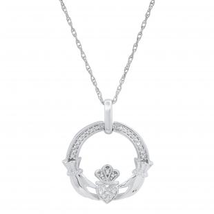 0.10 Carat (ctw) Round White Diamond Ladies Claddagh Heart Circle Pendant 1/10 CT Sterling Silver