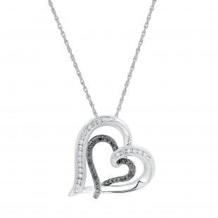 0.15 Carat (ctw) Round Black & White Diamond Ladies Double Heart Pendant 925 Sterling Silver