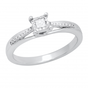 0.13 Carat (ctw) Princess & Round White Diamond Ladies Illusion Set Engagement Ring 10K White Gold
