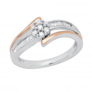 0.25 Carat (ctw) Round & Baguette White Diamond Ladies Cluster Ring White & Rose Gold Plated Silver