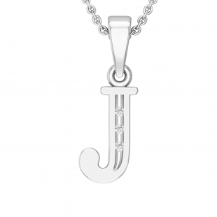 Uppercase Letter 'J' Initial Alphabet Pendant With Round Diamond Accents, 925 Sterling Silver