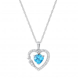 Heart Blue Topaz & Round White Topaz Ladies Pendant with 18 Inch Silver Chain | 925 Sterling Silver