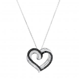 0.50 Carat (ctw) Round Black & Baguette White Diamond Ladies Heart Pendant 1/2 CT Sterling Silver