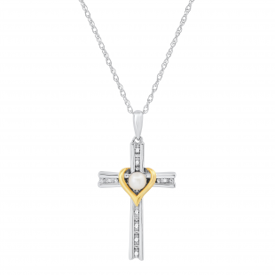4 mm Round Freshwater Pearl Ladies Heart Cross Pendant with Diamond Accents, 925 Sterling Silver