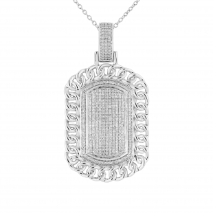 0.7 Carat (ctw) Round White Diamond Filled Bale Rounded Rectangular Chain Frame Unisex Pendant with 18 Inch Silver Chain in 925 Sterling Silver