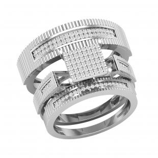 0.30 Carat (ctw) Round White Diamond Square Shape Head Ribbed Shank Matching Engagement Trio Bridal Set for Couple | 925 Sterling Silver
