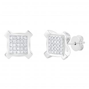 0.20 Carat (ctw) Round White Diamond Square Cluster Ice Cube Shape V Prong Stud Earrings for Women | 14K White Gold