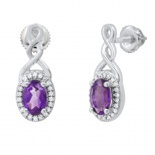 6X4 MM Oval Amethyst & Round Diamond Infinity Swirl Halo Drop Stud Earrings for Her Sterling Silver
