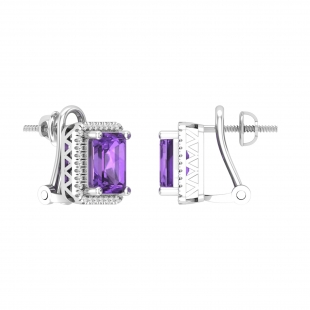 8X6 MM Emerald Shaped Amethyst & White Diamond Fashion Halo Stud Earrings For Her | 10K White Gold