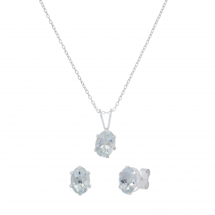 5X7 MM Oval Aquamarine Ladies Solitaire Matching Stud Earrings & Pendant Set 925 Sterling Silver