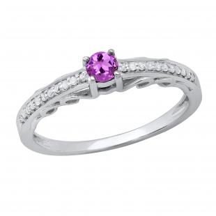 3.4 MM Round Amethyst & White Diamond Tapered Shank Wedding Ring for Her | 925 Sterling Silver