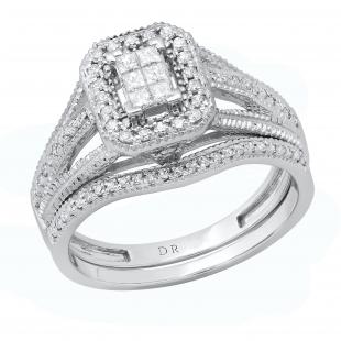 0.57 Carat (ctw) Princess & Round Diamond Octagon Engagement Ring Set for Her | 925 Sterling Silver