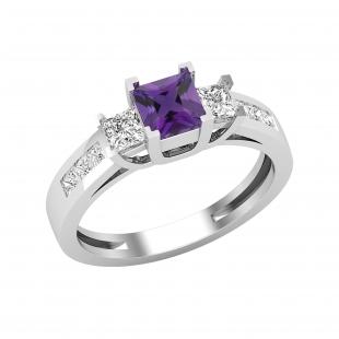 Ladies 5X5 MM Princess Amethyst & White Diamond 3 Stone Past Present Future Engagement Ring | 925 Sterling Silver