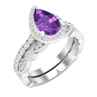 9X6 MM Pear Cubic Zirconia and 0.78 Carat (ctw) White Diamond Halo Wedding Ring Set for Women | 925 Sterling Silver