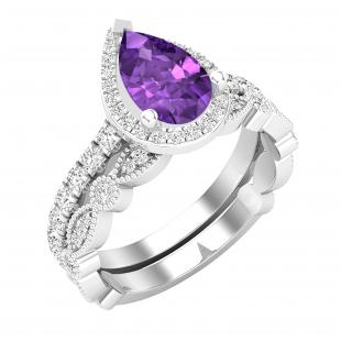 9X6 MM Pear Amethyst and 0.78 Carat (ctw) White Diamond Halo Wedding Ring Set for Women | 950 Platinum