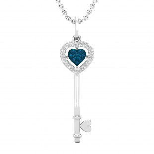 0.12 Carat (ctw) Round White & Blue Diamond Heart Shape Key Pendant For Women | 10K White Gold