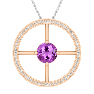 8 MM Round Solitaire Amethyst & Round White Diamond Wheel Style Circle Pendant for Women | 18K Rose Gold