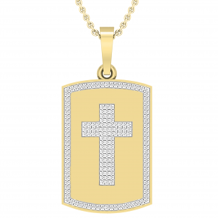 Mens Round White Diamond Religious Cross Centered Dog Tag Charm Pendant with 18 Inch Gold Chain 1/3 CT ( ctw 0.34, Color I-J, Clarity I2-I3 ) , 10K Yellow Gold