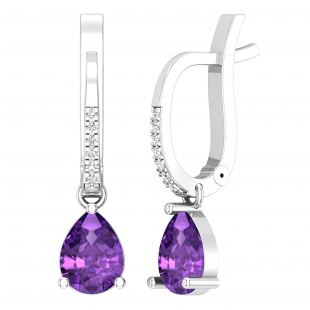 Dazzlingrock Collection 8X6mm Pear Shape Amethyst & Round White Diamond Teardrop Dangling Drop Earrings | 925 Sterling Silver