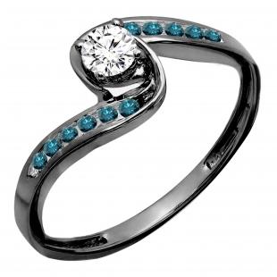 0.68 Carat (ctw) Round White & Blue Diamond Ladies Engagement Ring Black Plated 10K White Gold