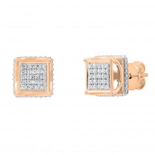 Round White Diamond Cluster Square Designed Frame Vintage Style Pushback Stud Earrings for Women (0.18 ctw Color I-J Clarity I2-I3) | 10K Rose Gold
