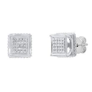Round White Diamond Cluster Square Designed Frame Vintage Style Pushback Stud Earrings for Women (0.18 ctw Color I-J Clarity I2-I3) | 925 Sterling Silver