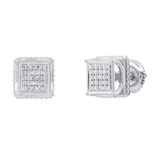 Round White Diamond Cluster Square Designed Frame Vintage Style Screw Back Stud Earrings for Women (0.18 ctw Color I-J Clarity I2-I3) | 925 Sterling Silver