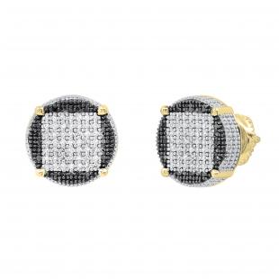 0.24 Carat (ctw) Round Black and White Diamond Filled Circle Shape Square Framed Screw Back Stud Earrings for Women | 14K Yellow Gold