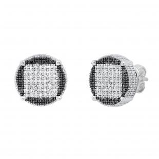 0.24 Carat (ctw) Round Black and White Diamond Filled Circle Shape Square Push Back Stud Earrings for Women | 925 Sterling Silver