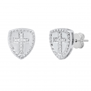 Round White Diamond Knight Shield with Faith Cross Shaped Pushback Stud Earrings for Women (0.04 ctw, Color I-J, Clarity I2-I3) | 925 Sterling Silver