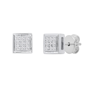 Round White Diamond Mini Square Cluster Ice Cube Shape Pushback Stud Earrings for Her (0.05 ctw Color I-J Clarity I1-I2) | 14K White Gold