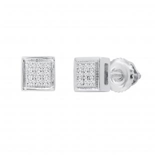 Round White Diamond Mini Square Cluster Ice Cube Shape Screw Back Stud Earrings for Women (0.05 ctw Color I-J Clarity I2-I3) | 925 Sterling Silver